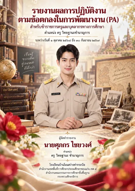 ตัวอย่างปก PA10 ครูชาย เอกสังคมศึกษา คาเมลเลียแดง ธีมประวัติศาสตร์ ที่สร้างด้วย ChatGPT จาก prompt นี้