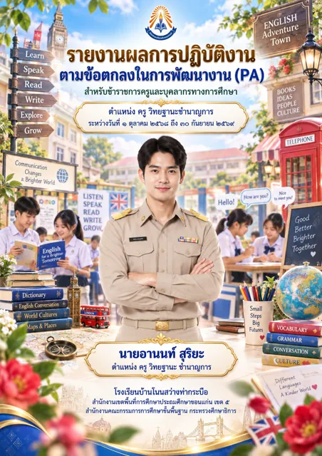 ตัวอย่างปก PA11 ครูชาย เอกภาษาอังกฤษ English Adventure Town ที่สร้างด้วย ChatGPT จาก prompt นี้