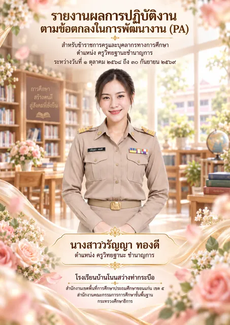 ตัวอย่างปก PA7 ครูหญิง กุหลาบพีช ผ้าไหมแชมเปญ ฉากห้องสมุด ที่สร้างด้วย ChatGPT จาก prompt นี้