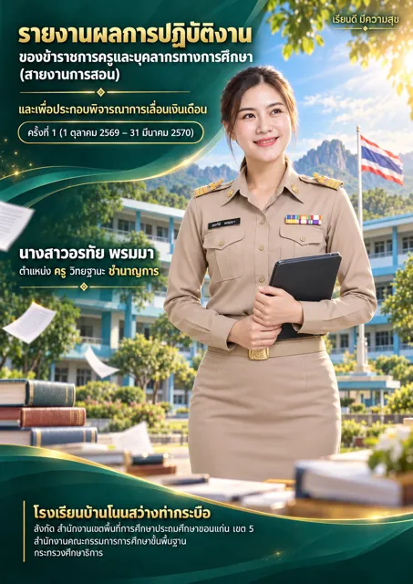 ตัวอย่างปกรายงานผลการปฏิบัติงาน ครูหญิง แบบที่ 2 โทนเขียวมรกต ทองแชมเปญ ที่สร้างด้วย ChatGPT จาก prompt นี้